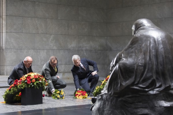 Kai Wegner (CDU, Governing Mayor of Berlin), Oleksii Makeiev (Ambassador of Ukraine) and Konrad Arz von Straussenburg (German diplomat) at the silent commemoration of the 80th anniversary of the end of the Second World War in the Neue Wache, the Federal Republic of Germany's central memorial to the victims of war and tyranny, Berlin, 8 May 2025