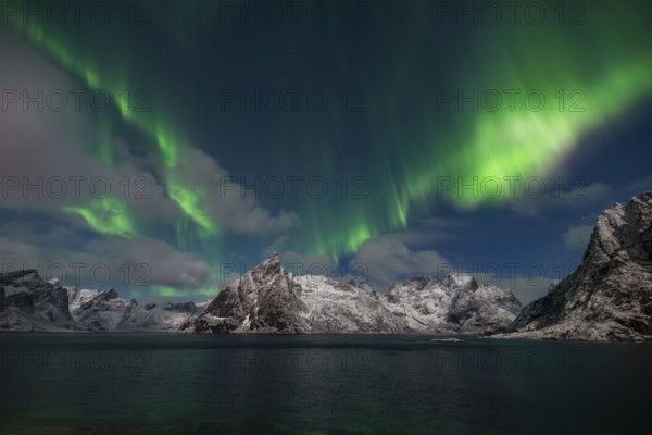 Northern Lights (Aurora Borealis) snowy mountains of the Reinfjord, Olstinden, Hamnøy, Moskenesøy, Lofoten, Norway, Europe