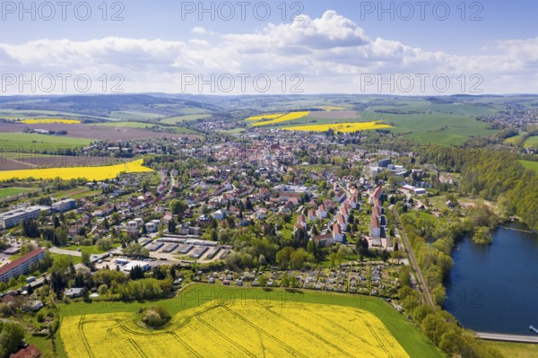 Aerial view of the town from the north with town hall and town church, Dippoldiswalde, Erzgebirge, Saxony, Germany, Europe