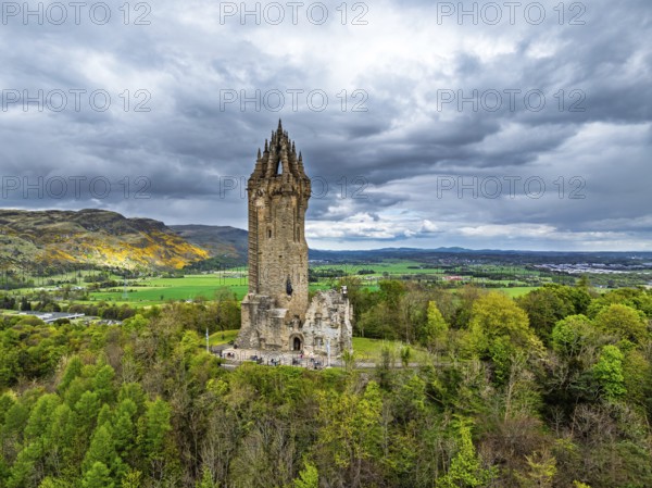 The National Wallace Monument or William Wallance Monument from a drone, Stirling, Scotland, England, United Kingdom, Europe