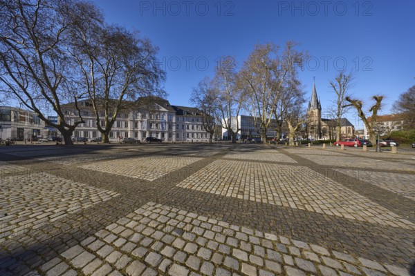 Comeniushaus, architect Friedrich Joachim Stengel, Baroque architectural style, Saar University of Fine Arts, historical buildings, church tower of St Jakob, square, bare trees, blue sky, cloudless, Ludwigplatz, Keplerstrasse, Saarbrücken, state capital, Saarbrücken Regional Association, Saarland, Germany, Europe
