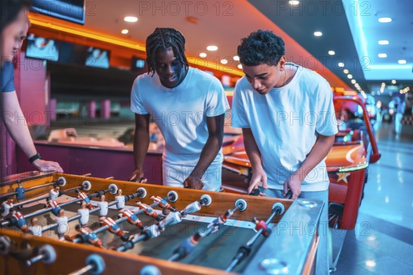 Two young men concentrating on playing foosball in a brightly lit entertainment center, enjoying a friendly competition