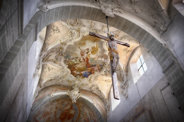 Interior view, Jesus on the cross in front of ceiling painting, ceiling fresco, collegiate church Sankt Peter und Paul, Niederzell, Insel Reichenau, Landkreis Konstanz, Baden-Württemberg, Germany, Europe