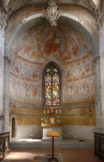 Interior view, painting in the apse, divided into three sections, choir, altar, stained glass windows, collegiate church Sankt Peter und Paul, Niederzell, Insel Reichenau, Landkreis Konstanz, Baden-Württemberg, Germany, Europe
