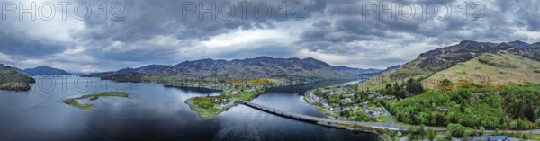 Panorama of Loch Long Bridge or Dornie New Bridge from a drone, Loch Long River, Highlands, Scotland, England, United Kingdom, Europe