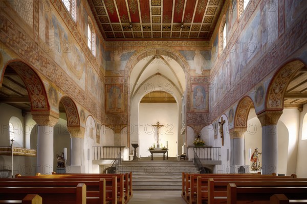 Interior, Nave, Wall painting, Ceiling painting, Choir, Altar, Parish Church of St George, Oberzell, Reichenau Island, Constance District, Baden-Württemberg, Germany, Europe