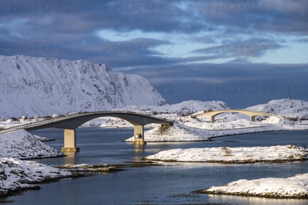 Bridges connecting islands on the road to Fredvang, Flakstadøya, Lofoten, Norway, Europe