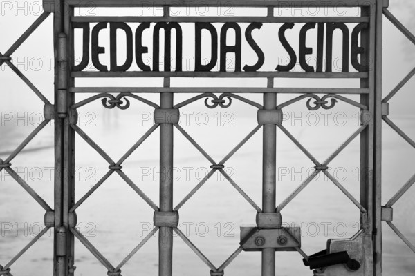 Tor tor to the beech forest concentration camp with the slogan Jedem das Seine on the entrance gate, Weimar, Thuringia, Germany, Europe