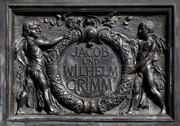 Bronze plaque, relief with inscription, National Monument Brothers Jakob and Wilhelm Grimm, Neustädter Marktplatz, Hanau, Hesse, Germany, Europe