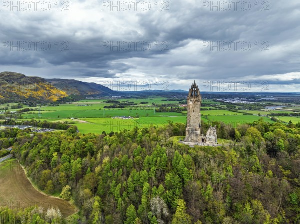 The National Wallace Monument or William Wallance Monument from a drone, Stirling, Scotland, England, United Kingdom, Europe