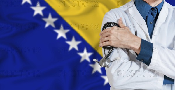 Doctor with stethoscope on Bosnia flag. Doctor holding stethoscope on Bosnia flag