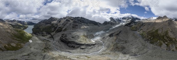 Aerial view, Alpine panorama, mountain landscape with glacier Glacier de Cheilon and summit Mont Blanc de Cheilon and Lac de Dix, Valais, Western Alps, Switzerland, Europe