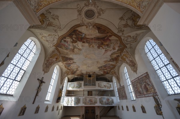 Organ loft and ceiling frescoes of St Laurentius and Agatha Church, Frankenhofen, Kaltental, Ostallgäu, Bavaria, Germany, Europe