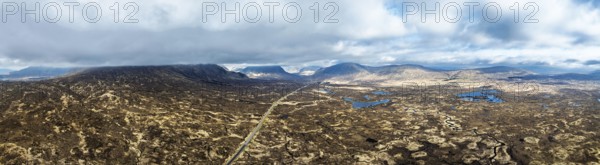 Panorama of Moors and Road A82 over Glencoe Valley from a drone, Highland, Scotland, United Kingdom, Europe