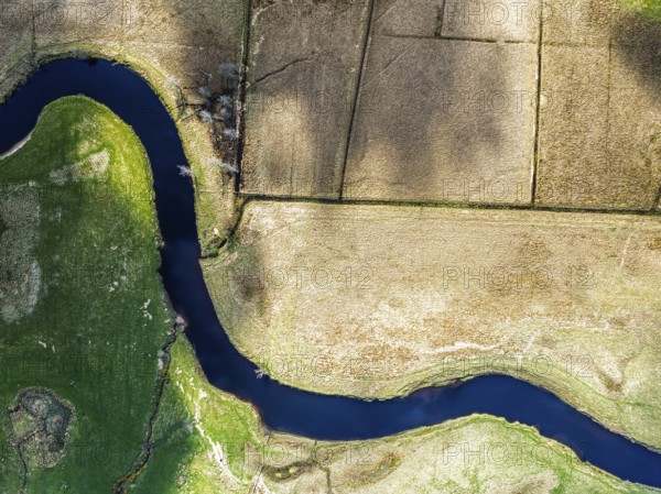 Top Down over Farms and River Dochart and Road A85 from a drone, Perthshire, Scotland, UK