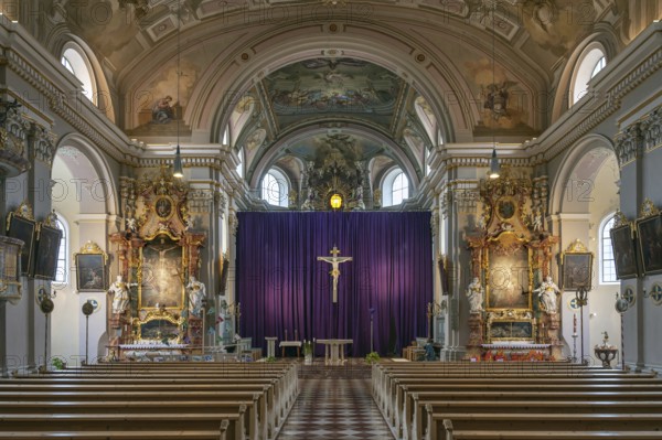 Interior with large purple Lenten cloth in front of the high altar, baroque parish church of St Nicholas, built between 1722 and 1724, Kirchacker 20, Tannheim, Austria, Europe