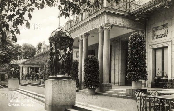 Historical postcard, picture postcard, terrace of the spa hotel, Wiesbaden, Hesse, Germany, digitally enhanced reproduction of an original from around 1900, picture postcard, Europe
