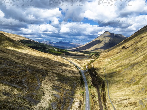 Montaims over West Highland Way A82 from a drone, Clifton, Crianlarich, Highland, Scotland, UK
