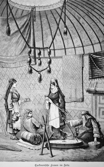 Turkmen family in tent, four woman in portrait, playing stringed instrument, preparing tea, tray with glasses, teapot, preparing food, embers, woman resting, traditional clothing, apron, headscarf, cushions, carpets, high tent with opening in tent roof, life in Asia, work, everyday life, living, property, belongings, historical illustration, Turkmenistan, woman of the 19th century, Asia