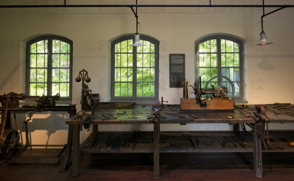 Interior photo, first vehicle engine, the grandfather clock, Gottlieb Daimler's former workshop in the garden house, Gottlieb Daimler Memorial, Gottlieb Daimler Memorial, museum, spa gardens, Bad Cannstatt, Stuttgart, Baden-Württemberg, Germany, Europe