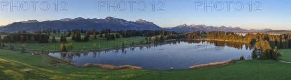 Panoramic view of a lake with mountains and forests at dawn, Hergratsrieder See, Alps, near Füssen, Ostallgäu, Allgäu, Bavaria, Germany, Europe