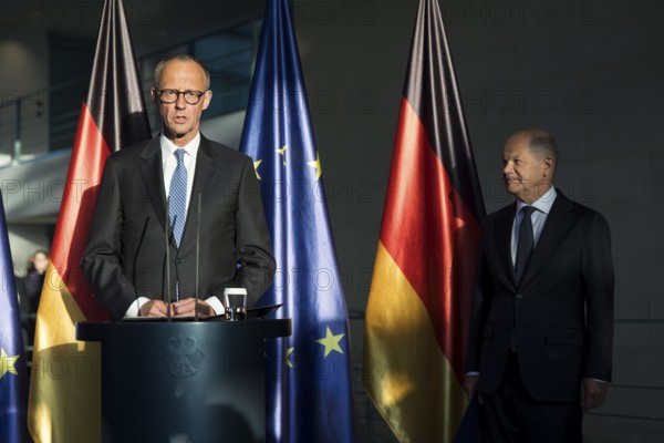 Handover of office from Olaf Scholz (SPD), former Federal Chancellor, to Friedrich Merz (CDU), Federal Chancellor of the Federal Republic of Germany, in the Federal Chancellery, Berlin, 6 May 2025