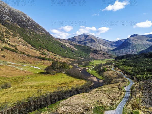 Glen Nevis Valley and River Navis from a drone, Fort William, Lochaber, Highland, Scotland, United Kingdom, Europe
