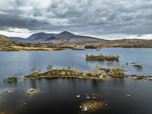 Rannoch Moor from a drone over Loch Ba and Loch of the Armpit, A82 Highland Way, Argyll and Bute, West Highlands, Scotland, United Kingdom, Europe