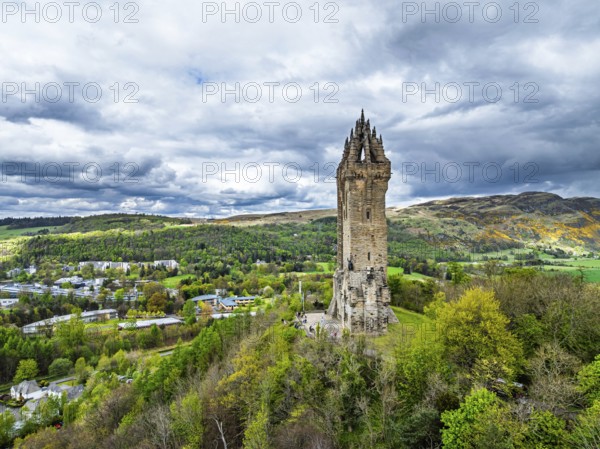 The National Wallace Monument or William Wallance Monument from a drone, Stirling, Scotland, England, United Kingdom, Europe