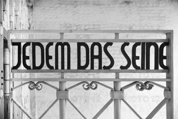 Tor tor to the beech forest concentration camp with the slogan Jedem das Seine on the entrance gate, Weimar, Thuringia, Germany, Europe
