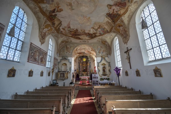 Church interior with ceiling frescoes and altar with Lenten cloth, St Laurentius and Agatha Church, Frankenhofen, Kaltental, Ostallgäu, Bavaria, Germany, Europe