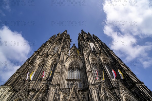 Cologne Cathedral, view of the west façade, on the north tower one of the rare occasions almost without scaffolding on the towers, Cologne, Germany, Europe
