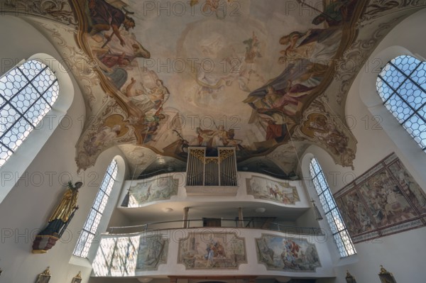 Organ loft and ceiling frescoes of St Laurentius and Agatha Church, Frankenhofen, Kaltental, Ostallgäu, Bavaria, Germany, Europe
