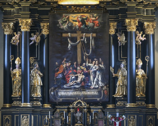 High altar with Lenten cloth, painted by Paul Honecke in 1626, baroque collegiate church, built 1651-1687, Klostergasse 7, Wilten, Innsbruck, Austria, Europe