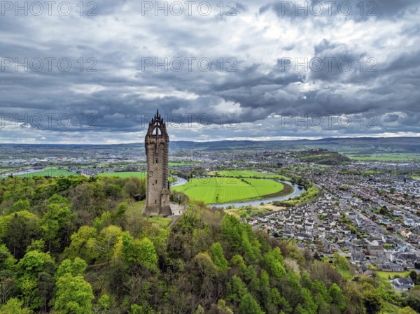 The National Wallace Monument or William Wallance Monument from a drone, Stirling, Scotland, England, United Kingdom, Europe