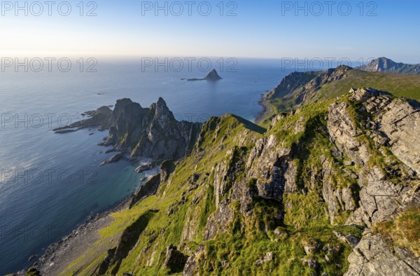 View from the summit of Måtind or Måtinden, view of picturesque coastal landscape, rocky coast and sea, Andøya Island, Vesterålen, Nordland, Norway, Europe