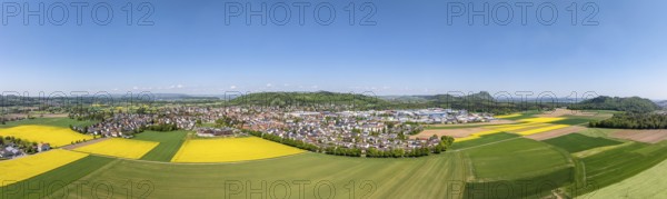 Aerial view, panorama, view of the municipality of Gottmadingen in Hegau, on the right on the horizon the Hegau volcano Hohentwiel, district of Constance, Baden-Württemberg, Germany, Europe