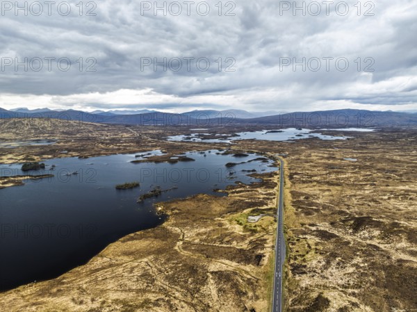 Rannoch Moor from a drone over Loch Ba and Loch of the Armpit, A82 Highland Way, Argyll and Bute, West Highlands, Scotland, United Kingdom, Europe