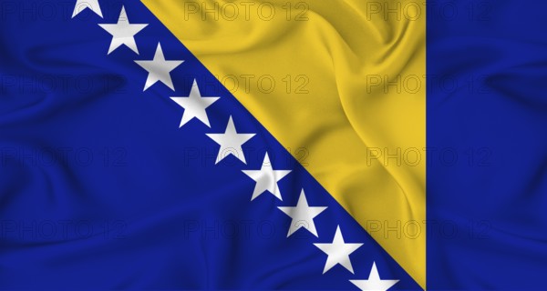 Realistic Bosnia flag waving. Close up of flag of Bosnia with cloth texture
