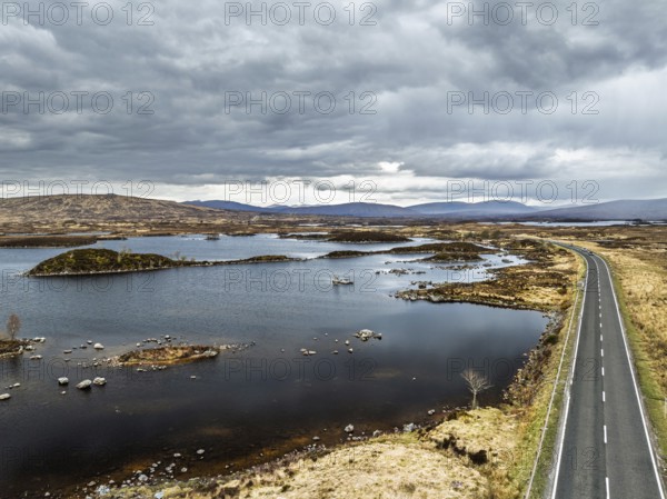 Rannoch Moor from a drone over Loch Ba and Loch of the Armpit, A82 Highland Way, Argyll and Bute, West Highlands, Scotland, United Kingdom, Europe