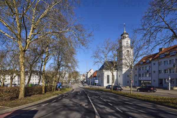 Friedenskirche Saarbrücken, bare trees, apartment buildings, street, blue sky, cloudless, Eisenbahnstraße, Saarbrücken, state capital, Regionalverband Saarbrücken, Saarland, Germany, Europe
