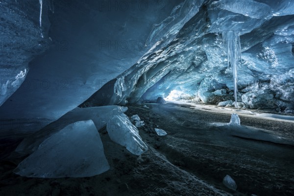 Glacier cave, ice cave, Morteratsch Glacier, Engadin, Grisons, Switzerland, Europe