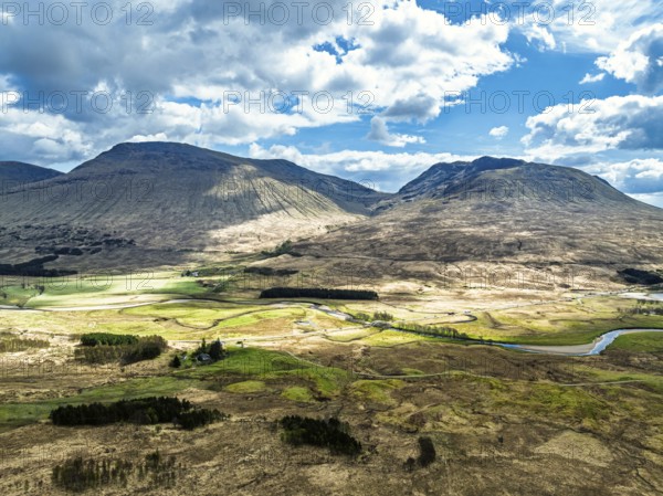 Mountains and Moors over Loch Tulla and River Orchy from a drone, Highlands, Scotland, UK