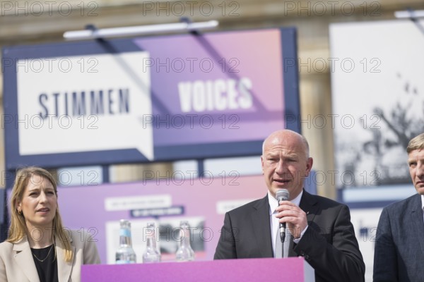 Kai Wegner (Governing Mayor of Berlin) at the opening of the exhibition ... finally peace? as part of the theme week 80 Years of the End of the War - Liberation of Europe from National Socialism at Pariser Platz, Berlin, 2 May 2025