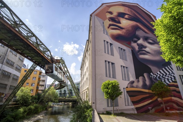 Street art in Wuppertal, large murals by international artists can be seen on over 40 house walls, here the mural IDENTITY, Hofaue 49, Edition 2023, by the Argentinian street art duo Medianeras, in Elberfeld Mitte, North Rhine-Westphalia, Germany, Europe