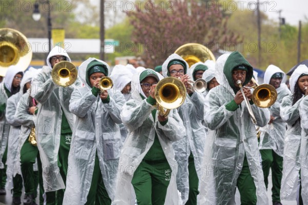 Detroit, Michigan USA - 4 May 2025 - The annual Cinco de Mayo parade was held in southwest Detroit, a heavily Mexican-American community, on a rainy spring day. The Cass Tech high school maching band performed