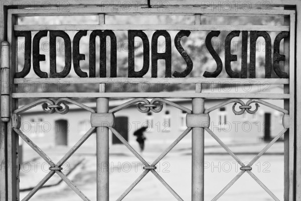 Tor tor to the beech forest concentration camp with the slogan Jedem das Seine on the entrance gate, Weimar, Thuringia, Germany, Europe