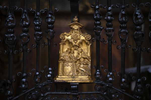 Wrought-iron grille in front of side chapel, appliqué, gilded, Cathedral of Our Lady, Constance, Baden-Württemberg, Germany, Europe