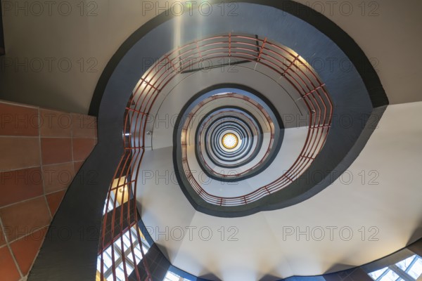 View from below through a spiral staircase with red banisters, SPRINKENHOF, Hamburg, Germany, Europe