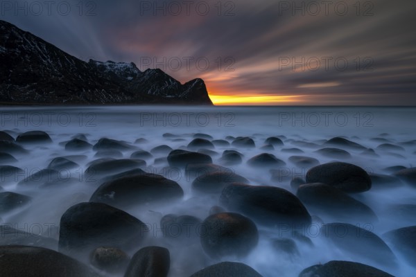 Rocky coast with surf, Unstad Beach, Lofoten, Norway, Europe